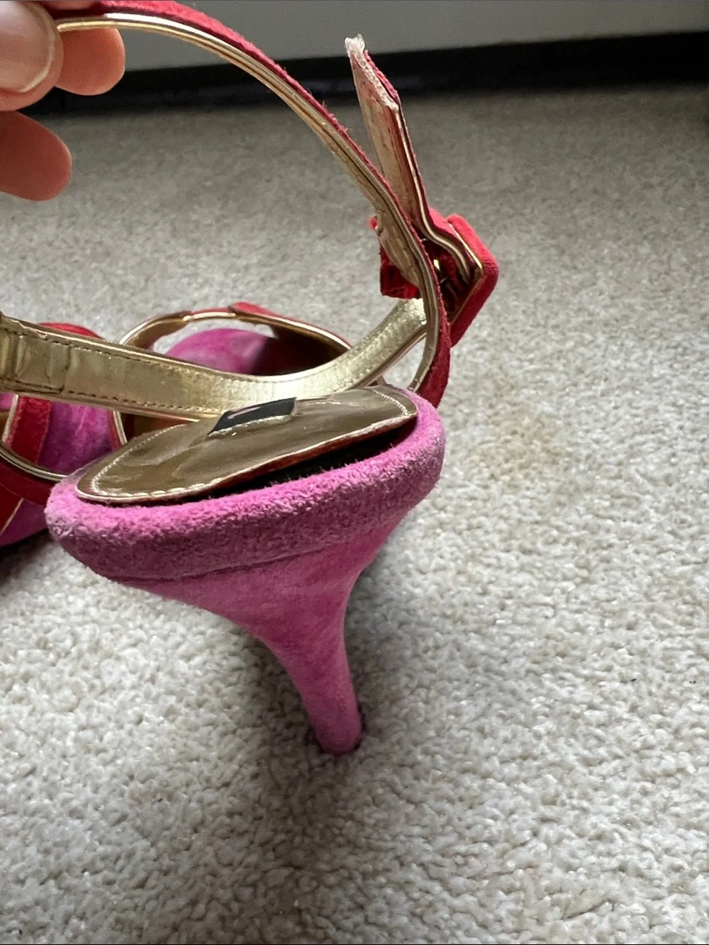 Nina Two-Tone Pink and  Red Suede Open-Toe Heels